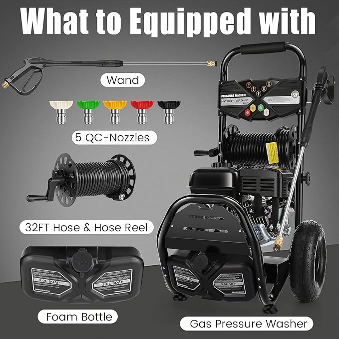 Professional 4200PSI 4GPM 212CC Gas Pressure Washer, 7.0HP Heavy-Duty 3600RPM Commercial Gas Power Washer with 10" Wheels 3000ML Foam Bottle 5 Nozzles 33FT Hose Reel (EPA/CARB/ETL Compliant), Black