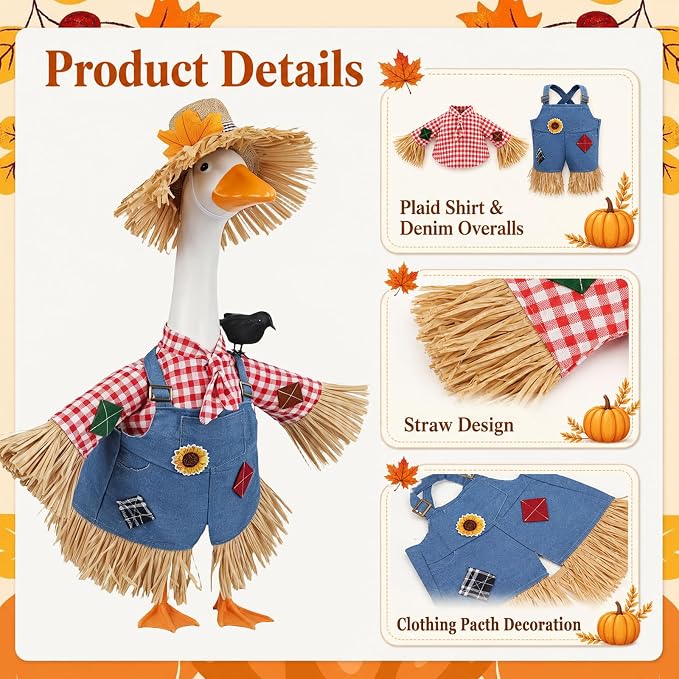 Fall Porch Goose Outfit Scarecrow Costume, Thanksgiving Porch & Yard Decor | Fits 23 Inch Goose Statues, 2-Piece Set with Scarecrow Hat & Crow, Autumn Porch, Patio, Lawn Garden Thanksgiving Decor