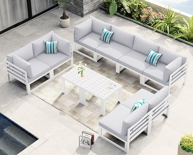 NICESOUL 10 Pcs L-Shaped Contemporary Aluminum Outdoor Furniture Set, 29" Deep Wide Large Couch Set, 500 lbs High Weight Capacity Modular Patio Sectional Sofa with Side Table for Garden, Light Grey