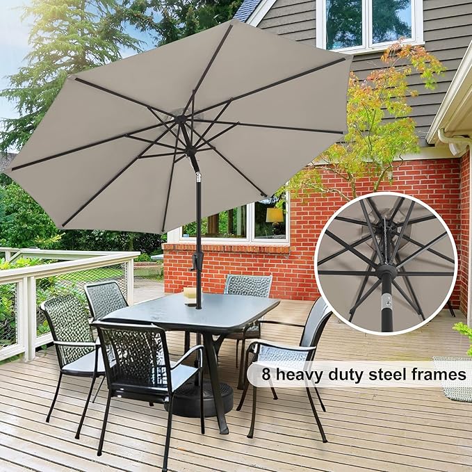FLAME&SHADE 11 ft Patio Umbrella - Table Umbrella Outdoor with Push Button Tilt and Crank, UV Protection, 8 Sturdy Ribs, Market Umbrella for Garden, Deck, Backyard, Lawn, Pool and Beach(Taupe)