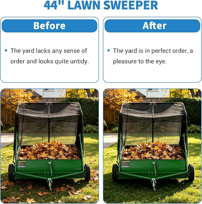 50" Tow Behind Lawn Sweeper, 33 cu. ft Extra-Large Capacity Leaf & Grass Collector-Adjustable Sweeping Height, Dumping Rope Design for Efficient Debris & Grass Cleanup on Yards, Driveways & Sidewalks