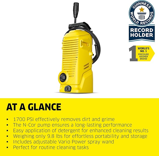 Kärcher K 1 Electric Pressure Washer, Foam Cannon, Spray Gun, Vario Power Spray Wand and Hose - Compact Design and Lightweight, Power Washer 1700 PSI - 1.45 GPM