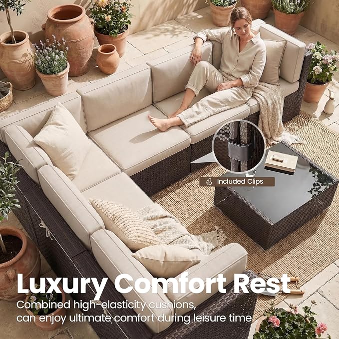 15 Pieces Patio Furniture Set with 44" Propane Gas Fire Pit Table, Outdoor Sectional Brown Rattan Wicker Conversation Sofa Sets with Coffee Table