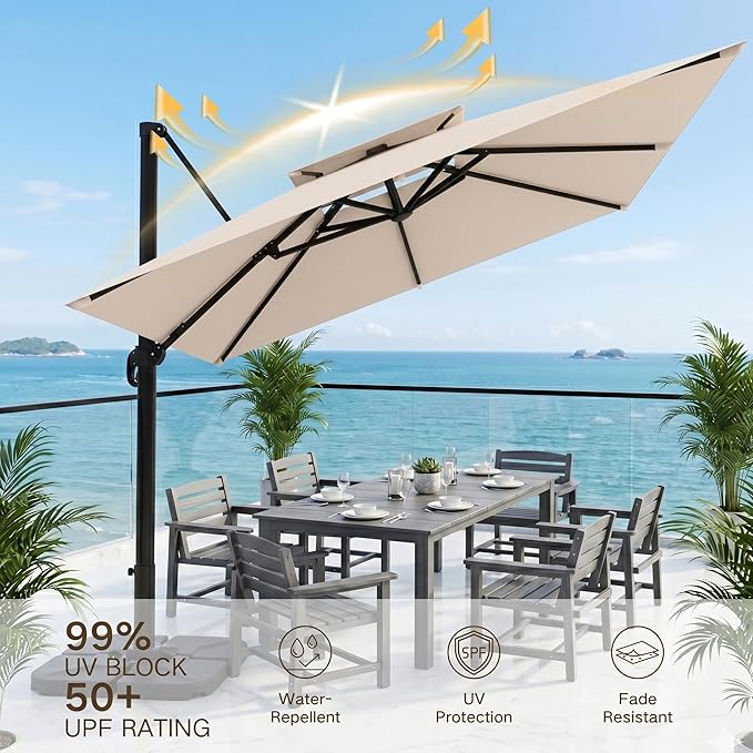 Kingdura Cantilever Patio Umbrella with Double Top Vent, Large Square Aluminum Outdoor Offset Umbrella with 360-degree Rotation, Infinite Tilt, UV Protection for Pool Deck Garden Patio