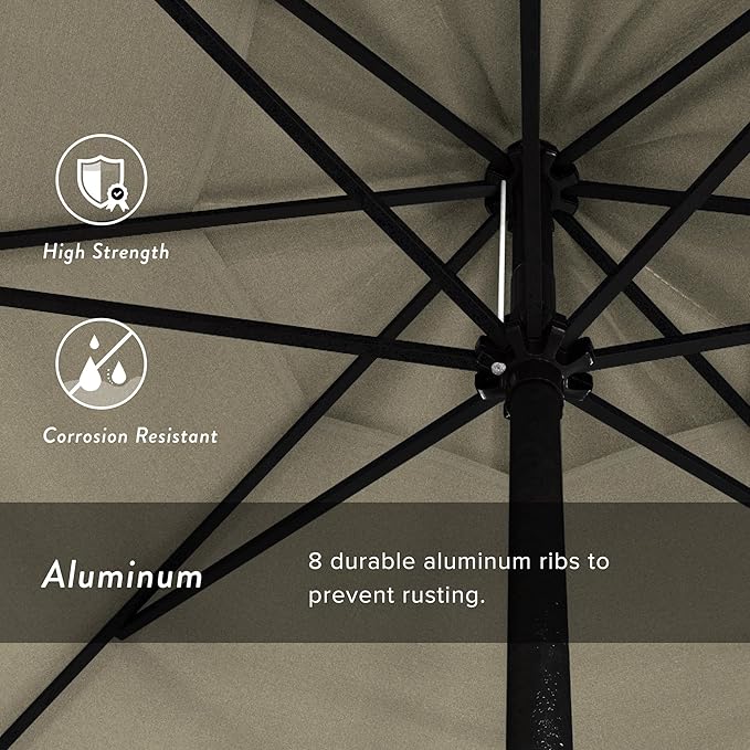 California Umbrella 12-Year Protection 9' Rd Aluminum Patio Umbrella, Crank Lift, Auto Tilt, Black Finish, Sunbrella Canvas