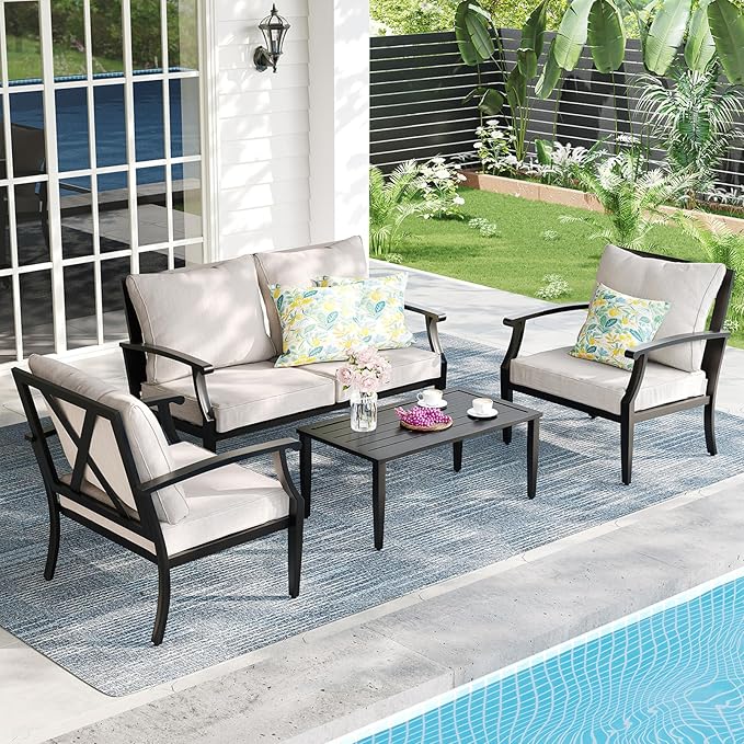 4 Piece Outdoor Patio Furniture Set, Oversized Metal Conversation Set with High Back & Deep Seating, Water-Repellent Cushions, Coffee Table for Porch, Deck, Backyard, Beige