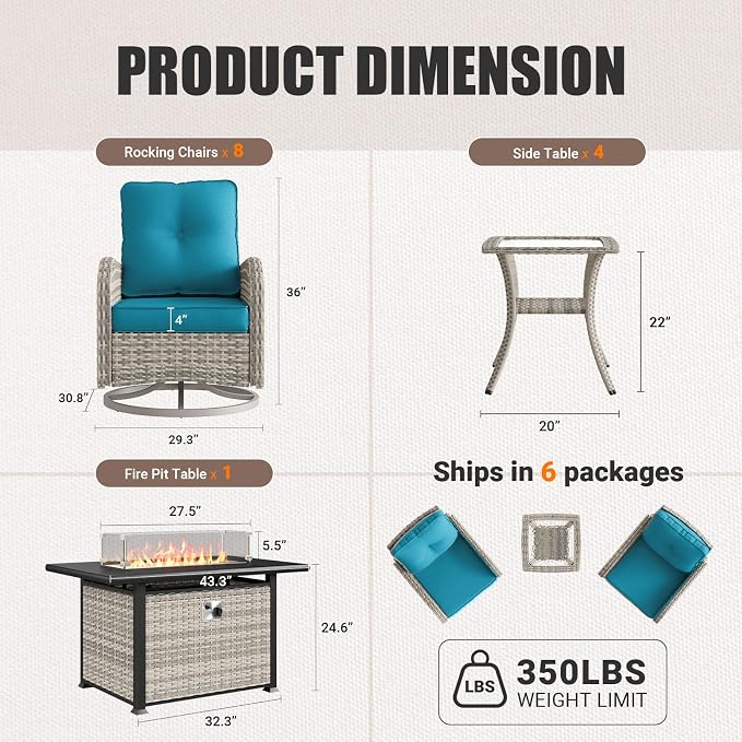 13Pcs Patio Rocking Swivel Chair with 55,000 BTU Fire Pit Table Outdoor Wicker Rattan Bistro Set with Tempered Glass Side Table, Outdoor Patio Furniture Set for Garden and Balcony, Turquoise