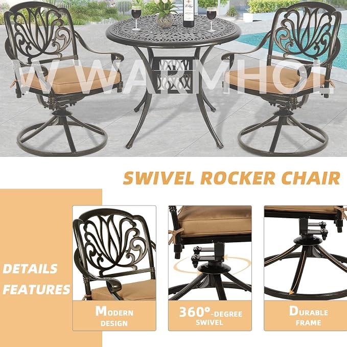 5 Piece Patio Dining Set, Outdoor Table and Chairs Set for 4 Cushioned Swivel Rocking Chairs and 35.4'' Round Table, All-Weather Cast Aluminum Patio Funiture Set, 2'' Umbrella Hole