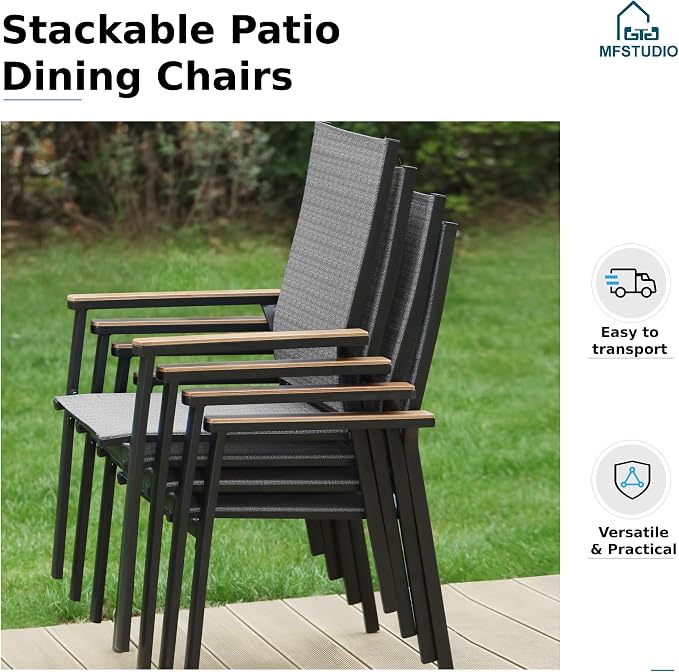 MFSTUDIO 5 PCS Patio Dining Set with 4 Stacking Aluminum Armchair(Grey) and 1 Square Heavy Duty Table, Patio Dining Table and Chairs Set, Outdoor Dining Set