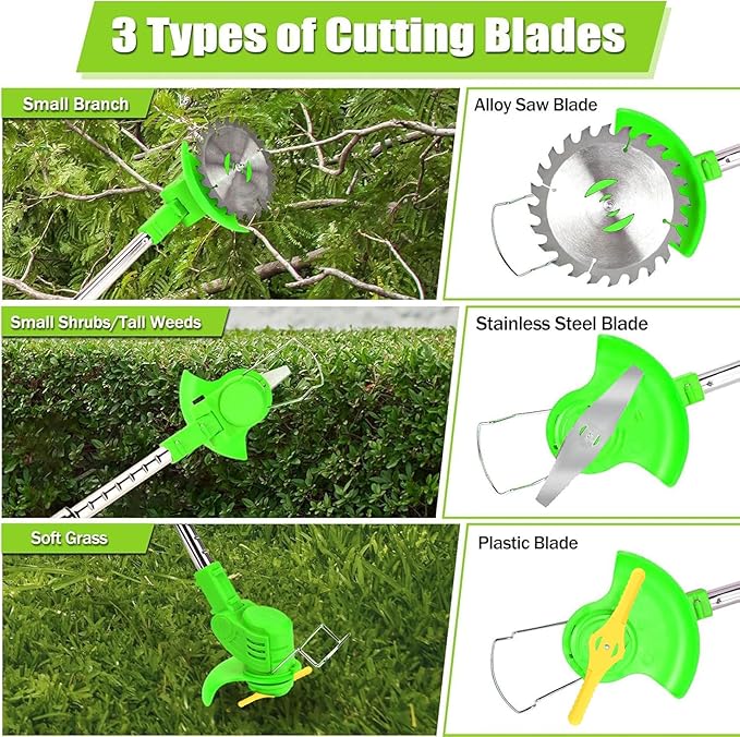 Weed Wacker, 3-in-1 Cordless Weed Eater Battery Powered, Lightweight Grass Trimmer/Brush Cutter with Adjustable Length & Blades, for Garden and Yard