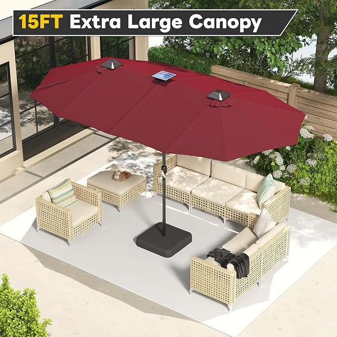 AECOJOY 15ft Double-Sided Patio Umbrella with Solar Lights, Outdoor Rectangle Market Large Patio Umbrella with Base Include, Crank Handle, 156 PCS LED Lights for Garden Deck Pool in Red (1.9" Pole)