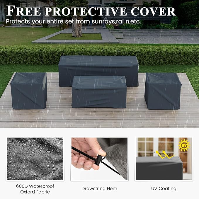 Aluminum Patio Furniture with Fire Pit Table, 6 Piece Outdoor Set, Waterproof Covers for Backyard Garden (Dark Grey & Light Grey)