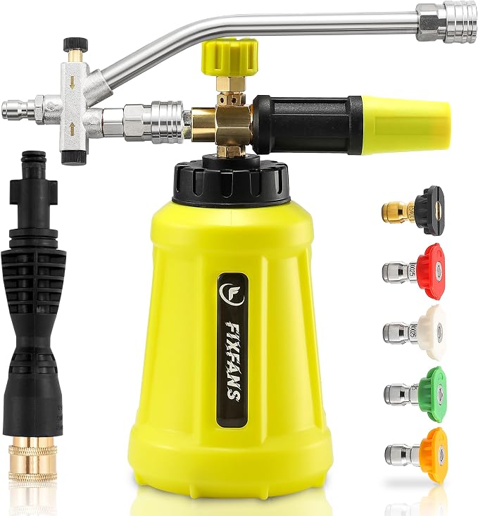FIXFANS Foam Cannon Dual Connector Accessory for Pressure Washer, Double Tip Attachment Soap Cannon, Replacement Adapter for Portland Husky and Ryobi Power Washer, 1/4" Quick Connect, 5 Nozzles, 1L