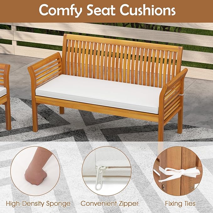 4 Piece Outdoor Acacia Wood Sofa Set w/Removable & Washable Cushions, Slatted Design, Patio Conversation Table Chair Set for Deck, Porch, Lawn, Poolside, Backyard (1)