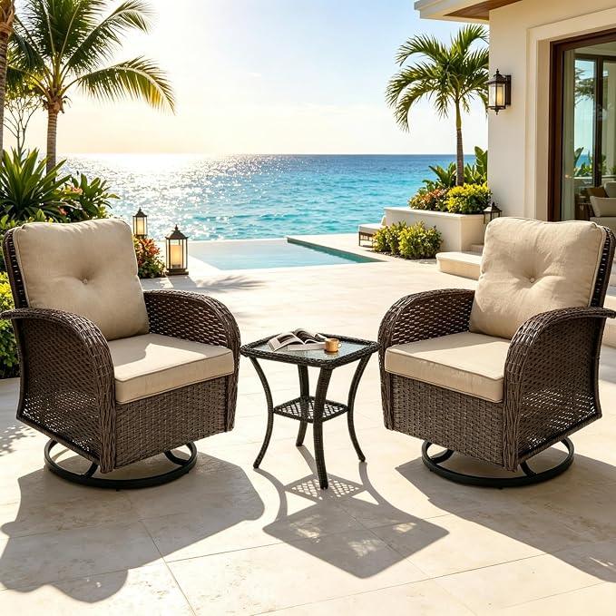 Outdoor Swivel Rocker Patio Chairs 3 Pieces，Swivel Patio Chairs with Cushions，Outdoor Swivel Rocking Chairs Set of 2 with Rattan Side Table，Patio Furniture Set for Outside Porch Deck