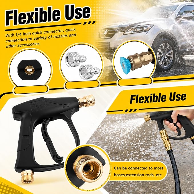 High-Pressure Car Short Pressure Washer Gun,Stubby Pressure Washer Gun with Safety Lock & M22-14 Thread & 1/4" Outlet Quick Connect,4350 PSI Max Pressures Washers Short Guns