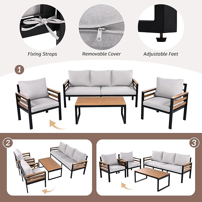 4-Piece Patio Set, Outdoor Furniture Sofa Set for 5 People with Acacia Wood Armrests, Conversation Set with Solid Wood Coffee Table, 2 Single Chairs, 3-Seater Sofa for Garden and Backyard (Beige/453)