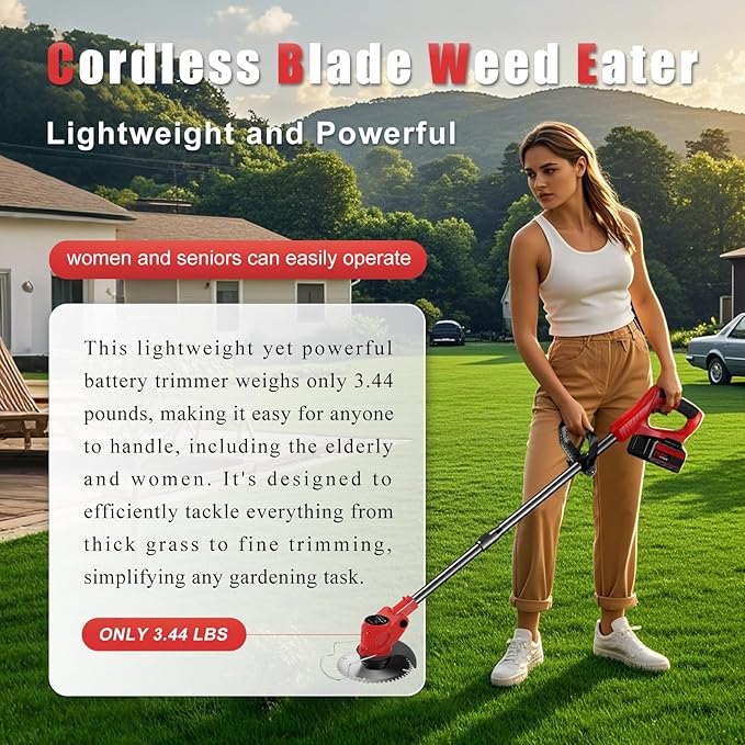21V Electric Weed Wacker Cordless String Trimmer Battery Powered Grass Trimmer with 90° Adjustable Head 2 X 2.0Ah Battery and Charger Lightweight Brush Cutter Edger Lawn for Garden Yard,Red