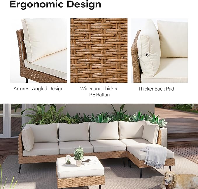 LAUSAINT HOME 6-Piece Patio Conversation Set, Modular Outdoor Sofa with Thick Cushions, All-Weather PE Rattan Sectional Seating for Garden, Backyard & Deck, Beige