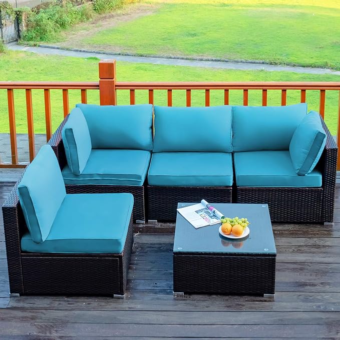 COSTWAY 5-Piece Outdoor Patio Furniture Set, PE Rattan Sofa Chairs with Cushions and Tempered Glass Coffee Table, Conversation Sofa Set for Backyard Garden (Turquoise)