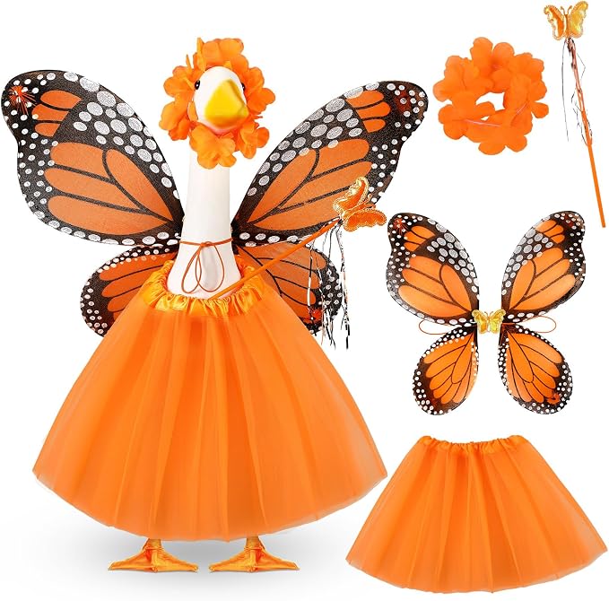 5pcs Butterfly Porch Goose Outfit Costume Tutu Skirt Butterfly Wing Wand Flower Crown for 17‘' 23‘' Cement Goose