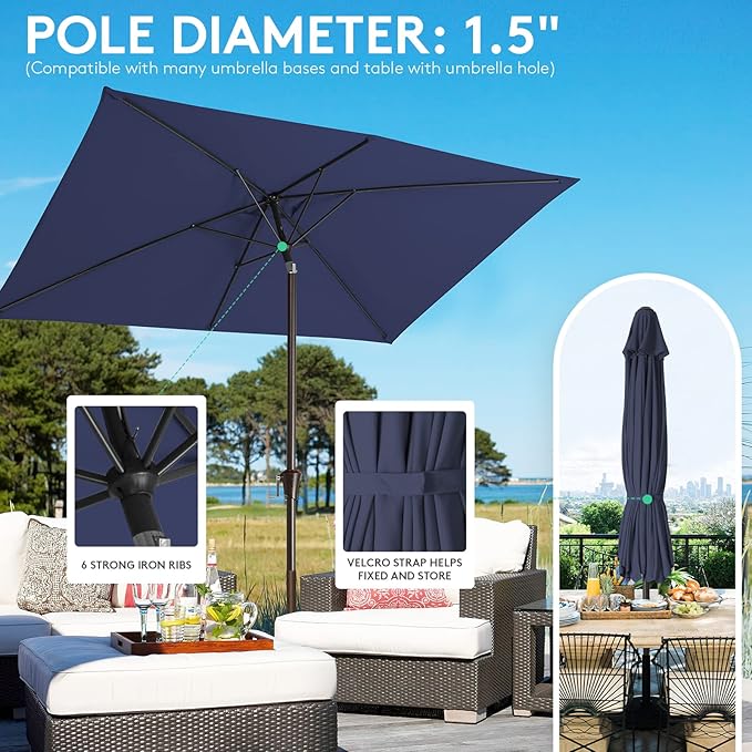 JEAREY 6.5x10ft Olefin Rectangular Patio Umbrella, Rectangle Outdoor Umbrellas with Auto Tilt Crank System, Market Table Umbrella UV Protection Fade-Resistant for Pool Deck Garden Yard, Navy