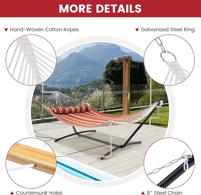 Tangkula 11FT Double Hammock, Heavy Duty Outdoor Hammock with Curved Spreader Bars, Detachable Pillow, 2 Person Hammocks for Outside, Porch, Patio (Red)