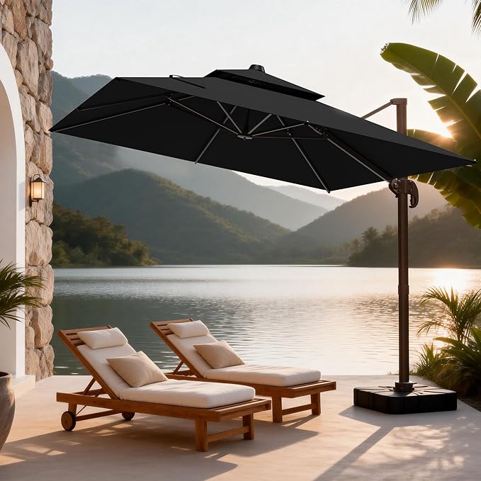 10x10Ft Patio Umbrella Outdoor Cantilever Rectangle Umbrella, 6-Level Tilt & 360° Rotation Offset Umbrella for Garden, Deck, Pool(Black)