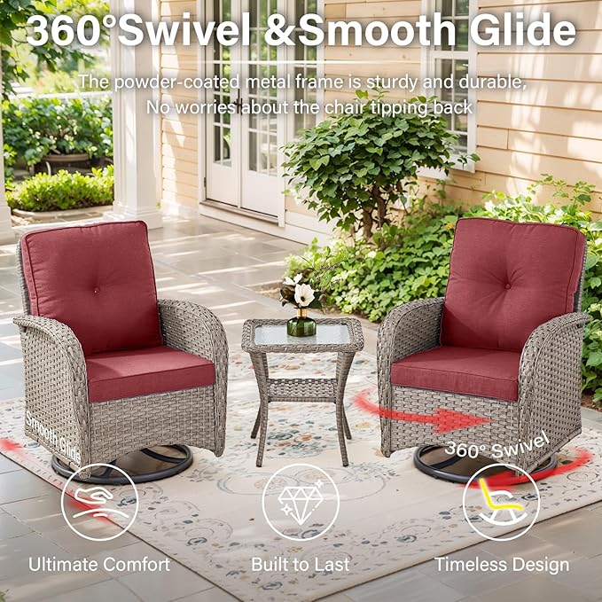 Belord 7 Piece Wicker Patio Furniture Set with 30" Fire Pit Table - Outdoor Swivel Rocker Chairs Set of 4 with Glass Side Tables Set of 2, Patio Conversation Set for Casual Gathering Gray/Red