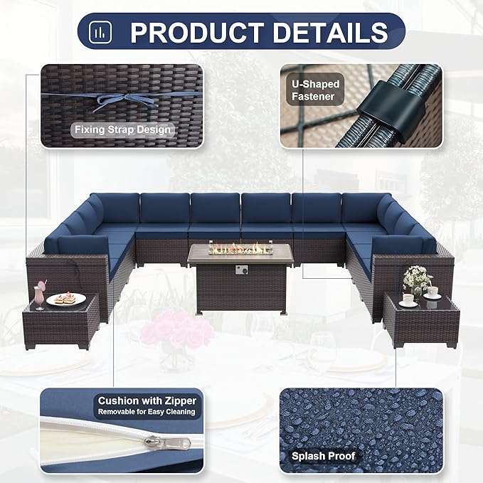 Patio Furniture Set with Fire Pit Table 15 PCS Outdoor Sectional Furniture Rattan Patio Conversation Set with 43in Propane Gas Fire Pit Table and Glass Table, Navy Blue