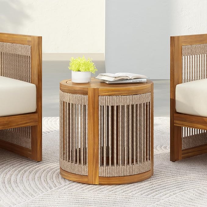 roomfitters 16.9" Acacia Wood Outdoor Side Table, Luxury Handwoven Rope Accent Boho Patio Table, Modern Round Slatted Garden End Table