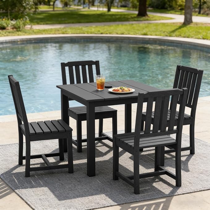 LOUNZY 5 Piece Patio Dining Set for 4, Outdoor Table and Chairs, Black | 4 person HDPE outdoor dining set 304 stainless steel, weather resistant up to 10 years, low maintenance patio set