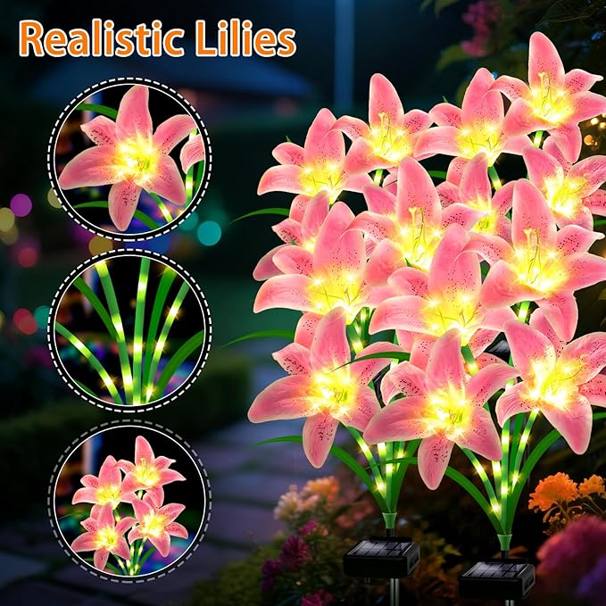 Solar Lights Outdoor, Gift for Women Mom Grandma Wife Daughter, 4 Pack 16 Solar Pink Lily Flower Lights, Solar Flower Lights Waterproof, Outside Decor Stake Light for Landscape Yard Patio Lawn Garden