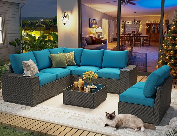 8 Piece Outdoor Patio Furniture Set, Outdoor Sectional Furniture, Rattan & Wicker Modern Modular Conversation Set Sofa Couch W/Water Resistant Washable Thick Cushions and Coffee Table, Peacockblue