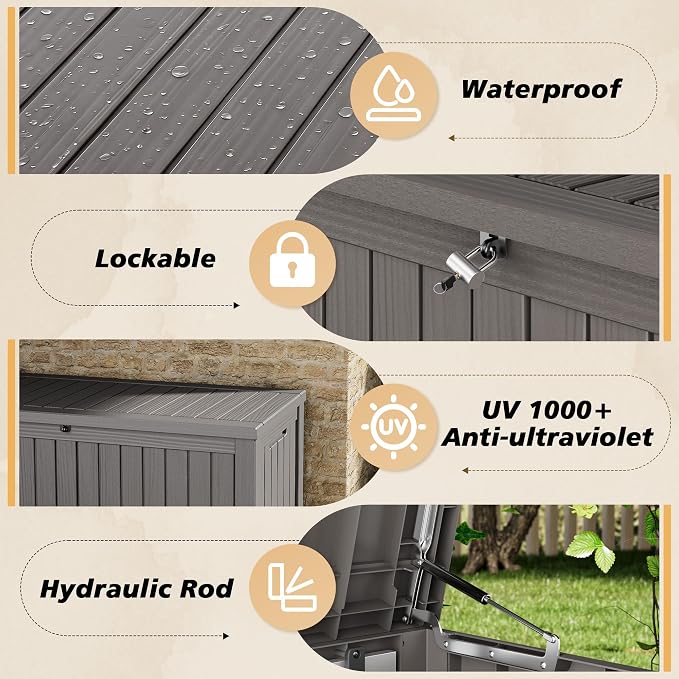 Fancyango 140 Gallon Outdoor Deck Box Waterproof, Large Storage Box for Patio, Resin Storage Bench Lockable for Garden Tools, Package Delivery, Grey