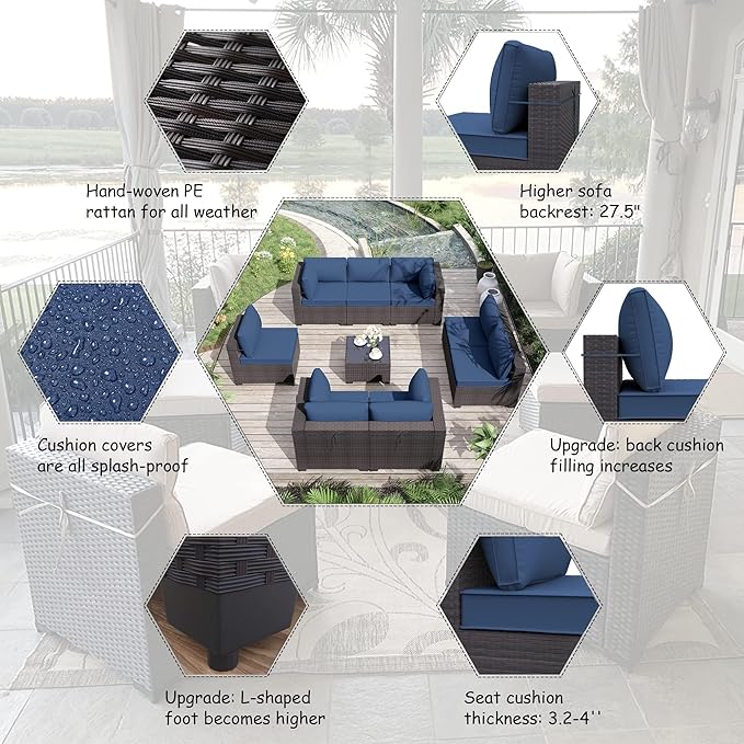 ALAULM 9 Pieces Patio Furniture Set Wicker Patio Conversation Set with 4 Corner Sofas, Outdoor Sectional Furniture w/Coffee Table & Washable Seat Cushions-Dark Blue