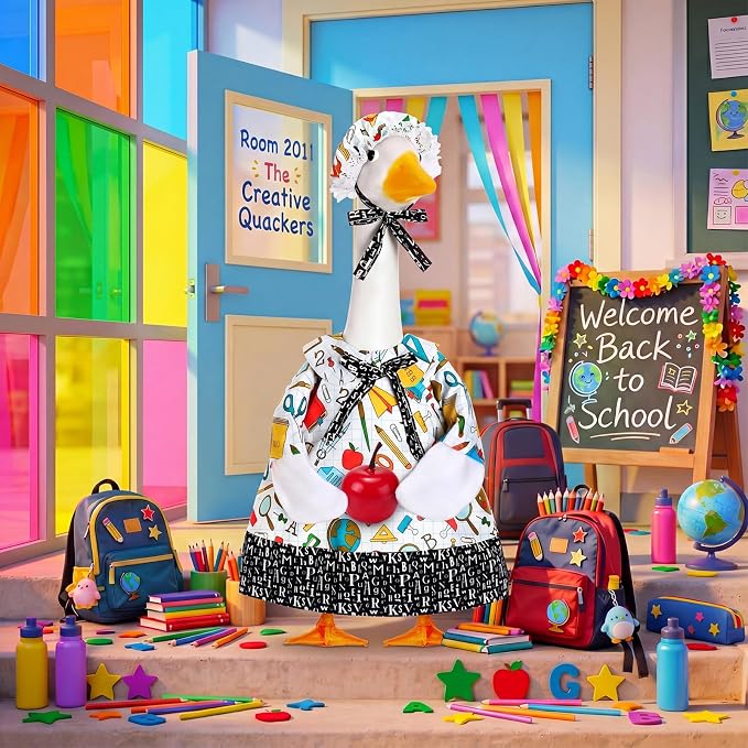FuWeave Back to School Porch Goose Outfit Set for Plastic Statue Lawn Porch Goose Clothes with Schoolbag for Patio Decor