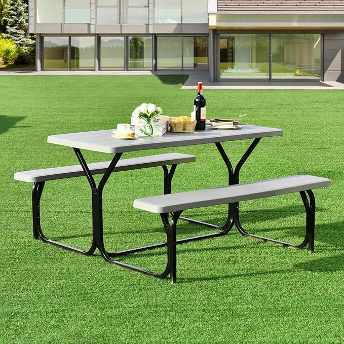 ORALNER Picnic Table, Resin Dining Table & 2 Benches Set, Weather Resistant Wood Grain Plastic Tabletop & Steel Frame, Picnic Tables for Outdoors, Porch Yard Patio Lawn Party Camping (Grey)