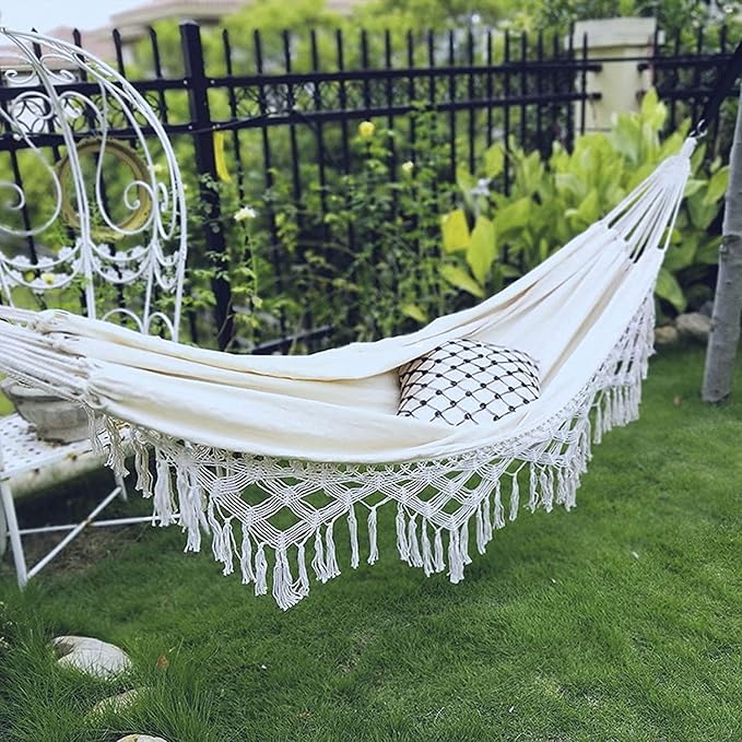 Camping Hammock Bed Tassel Hammock Rope Swing Canvas Sturdy Lanyard Rocking Chair for Outdoor Indoor Garden Load Capacity Up to 150 Kg Hammock Swing (Color : Black, Size : 200 * 150cm)