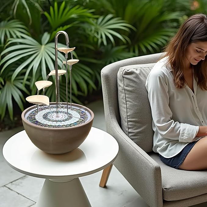 HYDRIA Water Feature Fountain Leaf Cascade, Bronze Mosaic, Porcelain Bowl Included, Up to 100 Hours per Charge, USB Charging, Outdoor and Indoor use, British Brand, Wireless, No Solar Needed (Taupe)