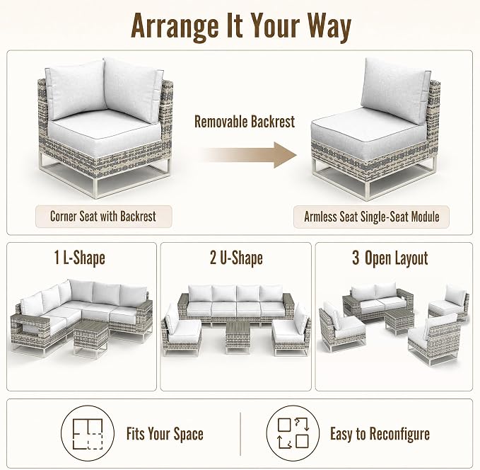 6-Piece Outdoor Patio Furniture Set, Gray PE Wicker Outdoor Sectional Sofa with Storage Armrests & 5.5" Thick Cushions, L-Shaped Couch for Deck, Porch, Backyard, Ivory White