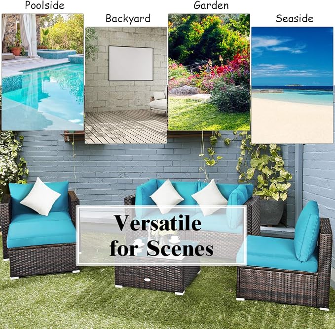 Tangkula 6 Pieces Wicker Patio Furniture Set, PE Rattan Outdoor Sectional Conversation Set with Glass Coffee Table & Ottoman, Wicker Sofa Set with Cushions for Yard Garden, Deck, Porch (Turquoise)