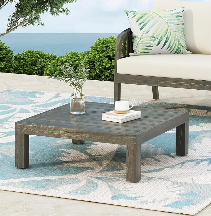 Outside Acacia Wood Coffee Table, Square Outdoor Coffee Table for Patio Lounge, Slatted Tabletop, 29.50 x 29.50 x 10.25 Inch, Gray