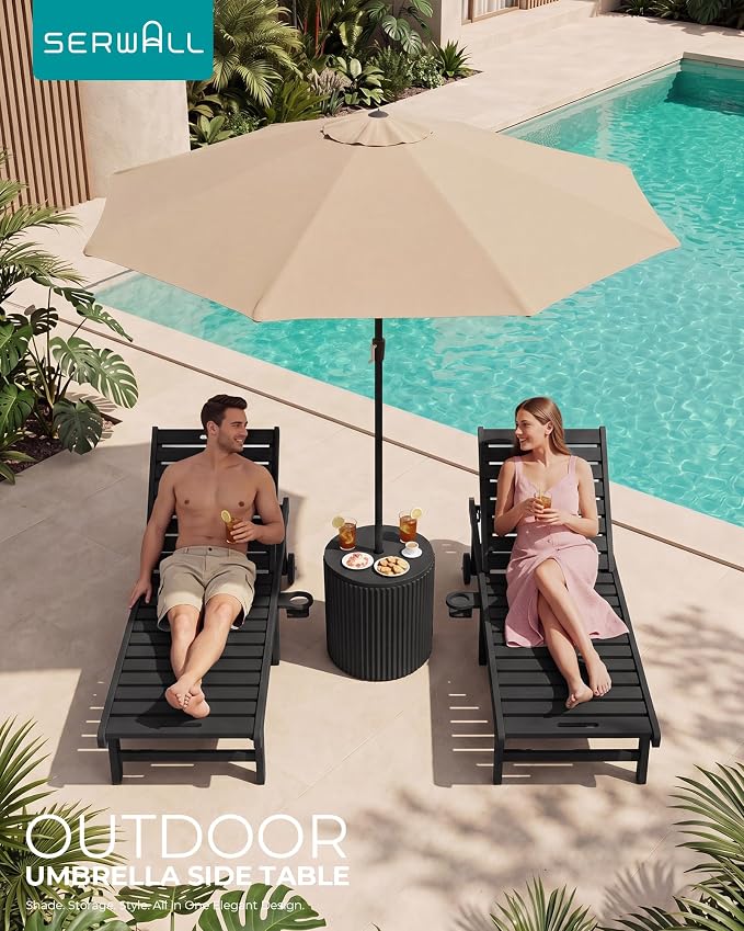 SERWALL Round Outdoor Umbrella Side Table Set of 2 - Outdoor Patio Table with Umbrella Hole for Porch/Patio/Poolside, Black
