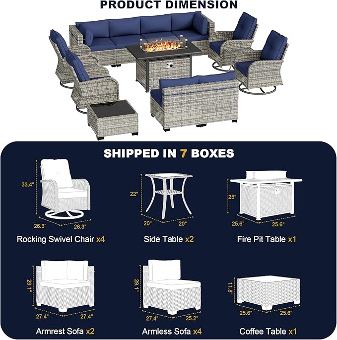 14-Piece Outdoor Patio Furniture Set with Rocking Swivel Chair, Wicker Rattan Sectional Sofa Conversation Set with 55,000 BTU Fire Pit Table, Backyard Furniture, Navy Blue