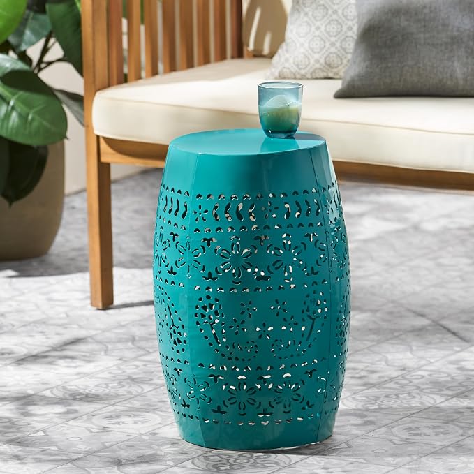 Outdoor 12" Iron Side Table, Outdoor Side Tables End Tables, Anti-Rust Metal Round Hollow Drum Garden Stool Plant Stand Indoor Iron Accent Table for Patio Deck Porch Living Room Bedroom