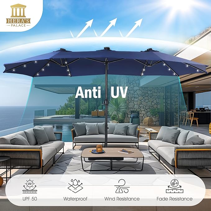 HERA'S PALACE 15ft Patio Umbrella with Base Included Double Sided Outdoor Umbrella for Patio Table Umbrella Outdoor 36 LED Solar Lights for Garden