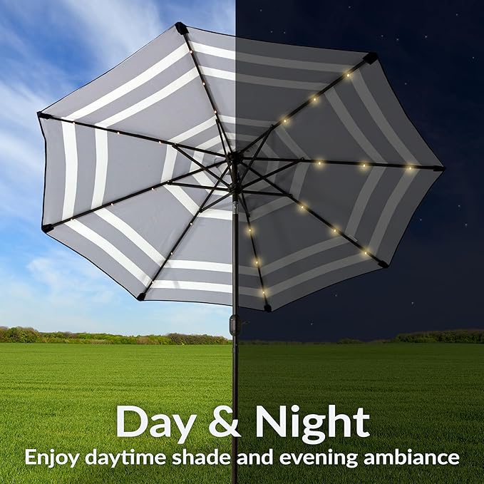 Sunnydaze 9 ft Striped Patio Umbrella with Solar Lights - Polyester LED Table Market Umbrella with Tilt and Crank - Navy Blue Stripe