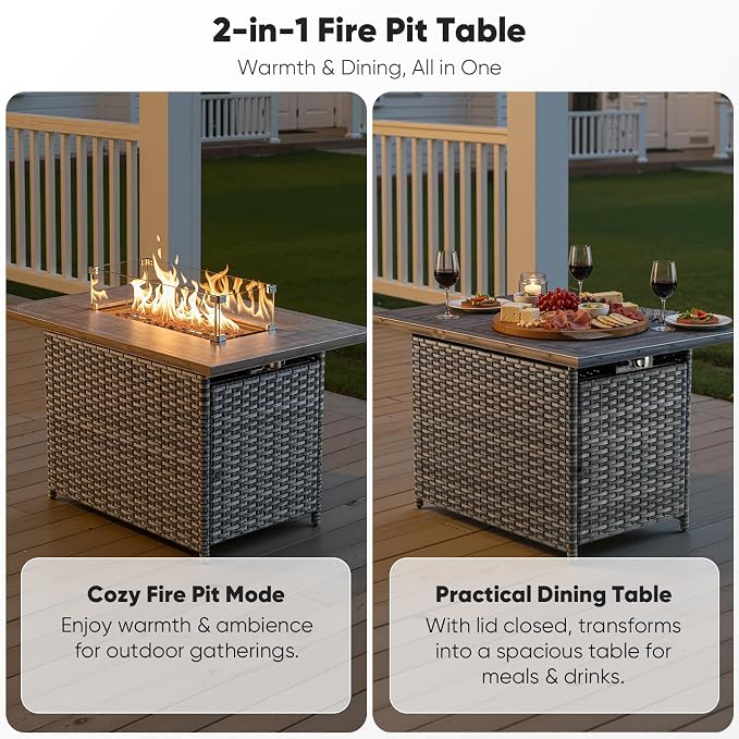Luxury Patio Furniture Set with 42.5" Fire Pit Table, 10 Pieces High Back All Weather Wicker Outdoor Furniture w/ 6-Inch Thick Cushions, Patio Swivel Chairs Couch for Deck Balcony Backyard Grey/Blue