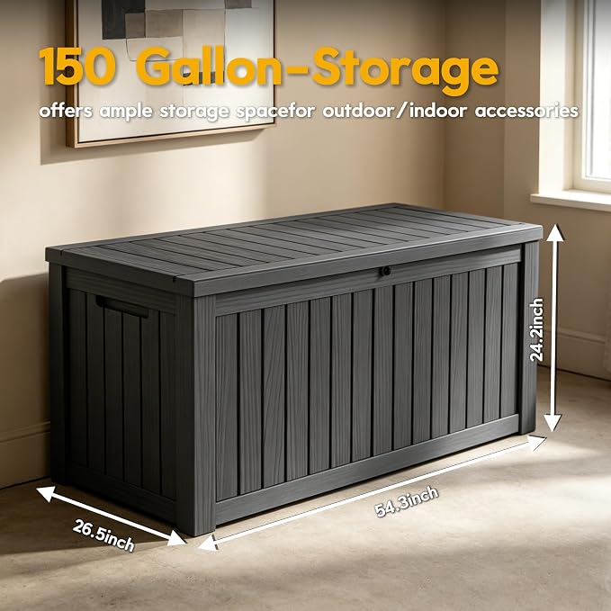 LAUSAINT HOME 150 Gallon Resin Deck Box with Hydraulic Pistons, Extra Large Waterproof Outdoor Storage Bench for Large Cushions, Heavy Duty Seating, Lockable Patio Bin for Pool and Garden (Black)